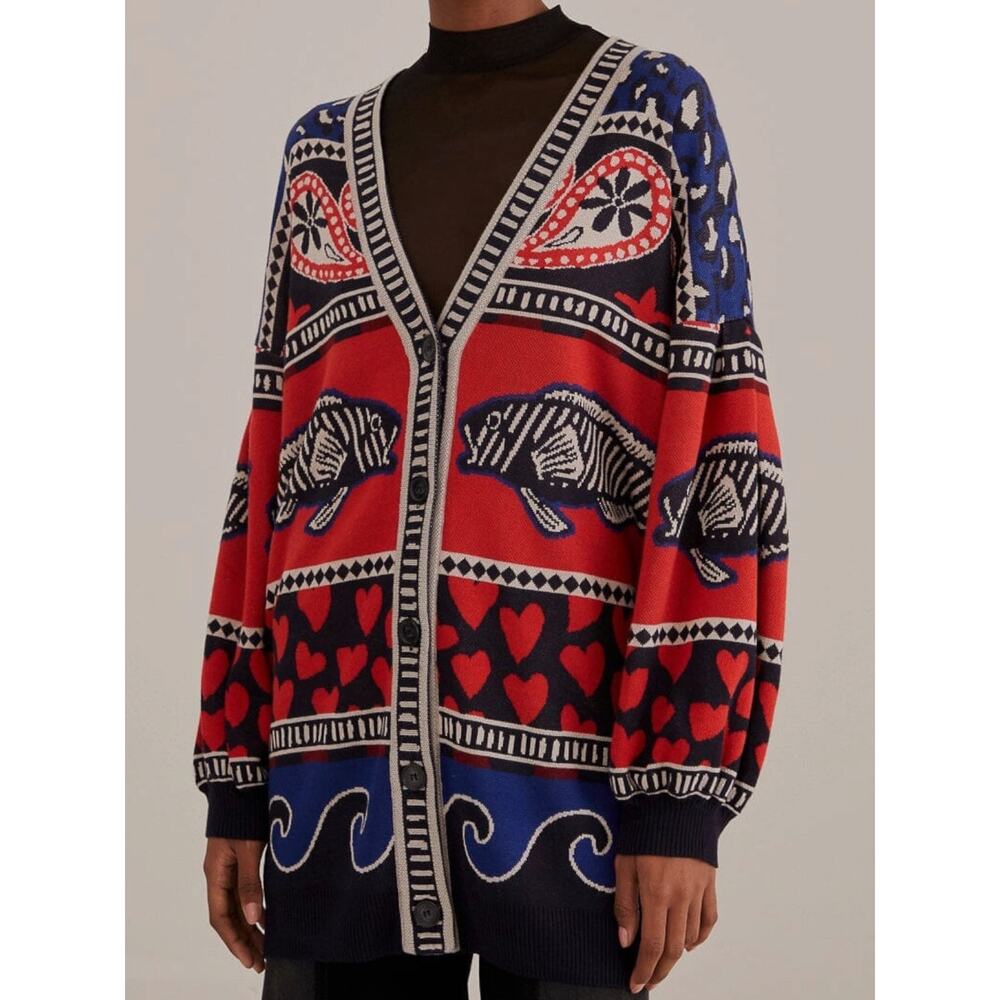 Farm Rio Art to Wear Fair Isle Knit Cardigan Sweater Hearts Fish Waves Small - Picture 12 of 14